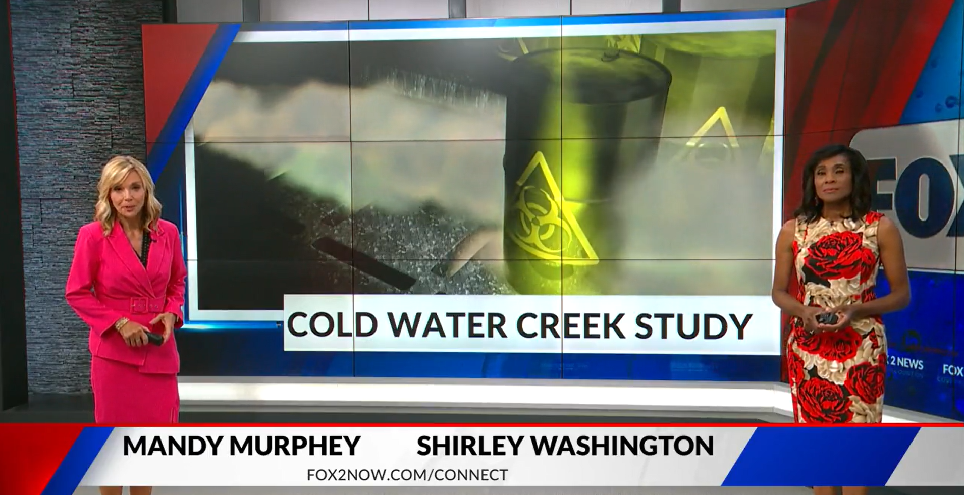 Screenshot of two Fox 2 reporters discussing the Cold Water Creek Study