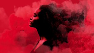 Illustration of a woman's facial profile looking into the distance with her hair blowing back and smoky clouds surrounding her.