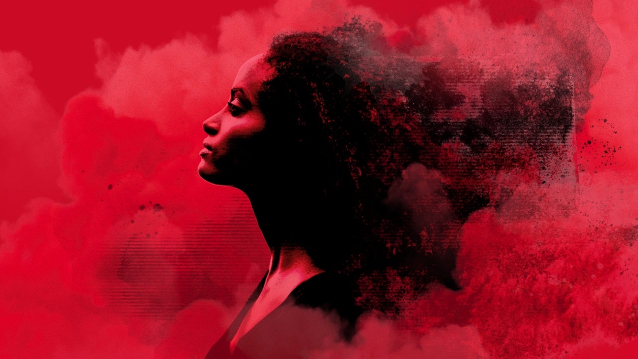 Illustration of a woman's facial profile looking into the distance with her hair blowing back and smoky clouds surrounding her.