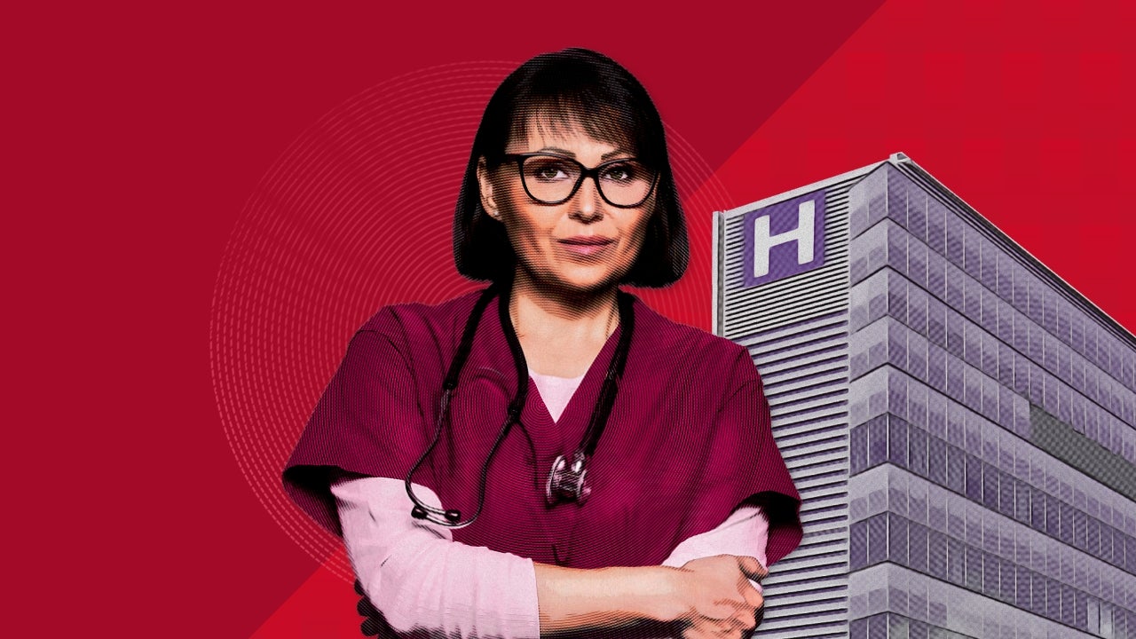 Illustration of a female doctor standing in front of a hospital with her arms crossed
