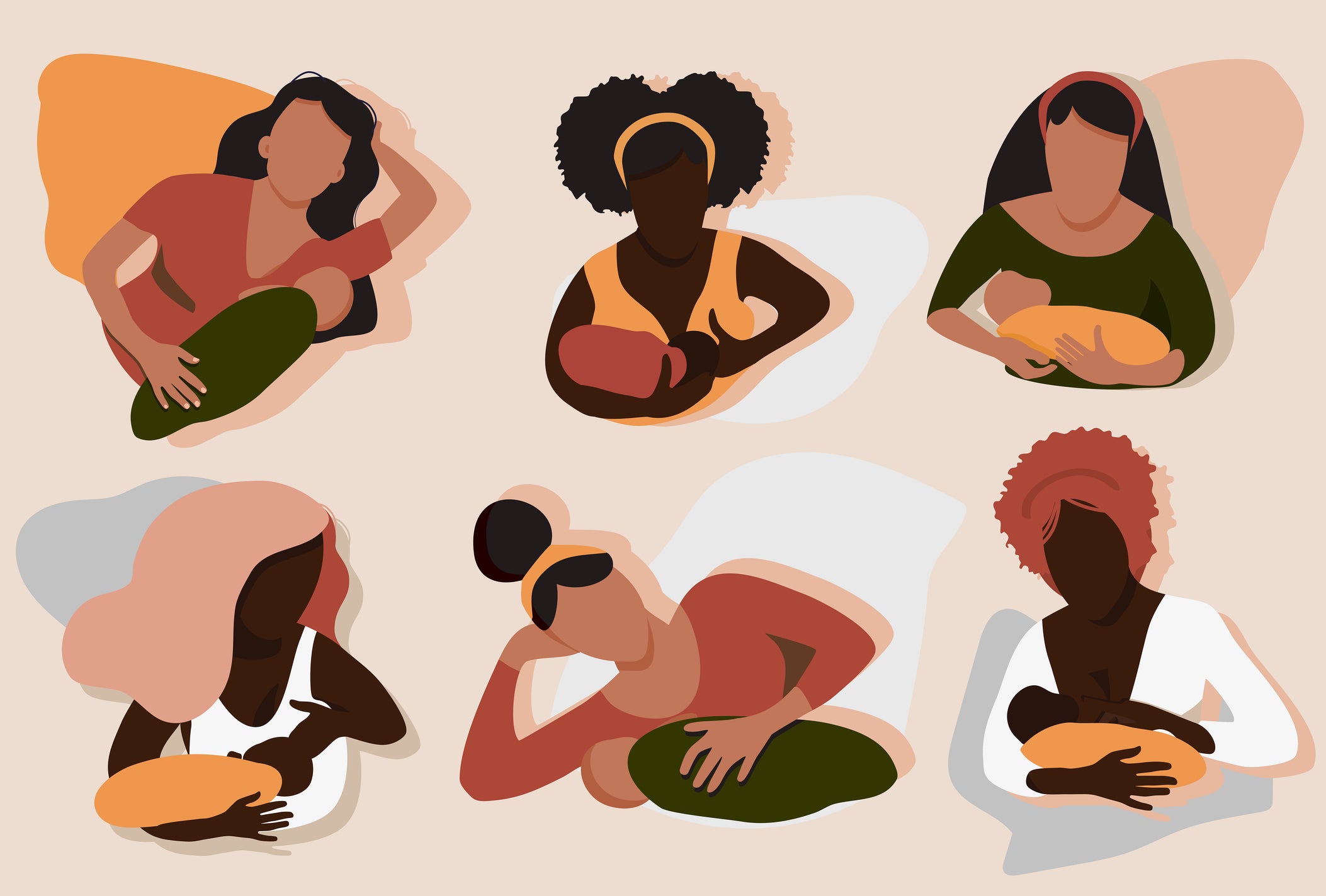 Illustration of six mothers breastfeeding.