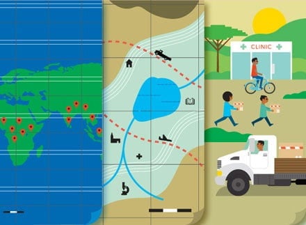 Illustration of global and local maps, with pins marking locations, routes to clinics, and people delivering medical supplies by bike and truck.