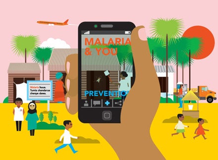 a hand holding a smartpone open to a malaria app with people in the background illustration