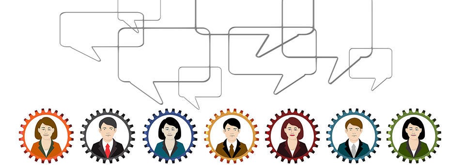 Illustration of diverse business people inside colorful gears with overlapping speech bubbles above, symbolizing teamwork, dialogue, and collaborative problem-solving.