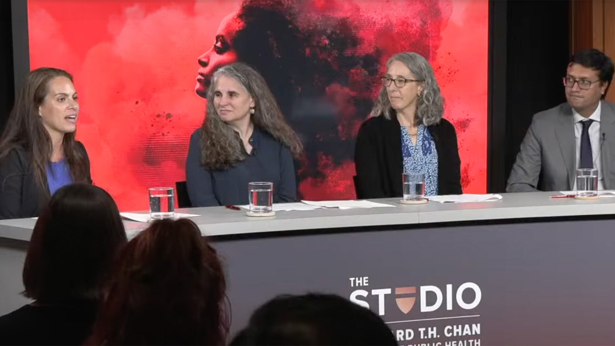 Melissa Perez Capotosto speaking as fellow panelists Francine Laden, Heather Eliassen, and Jorge Chavarro listen