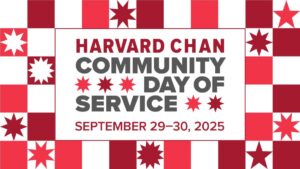 Harvard Chan Community Day of Service text in gray and red with red and white squares and stars alternating pattern