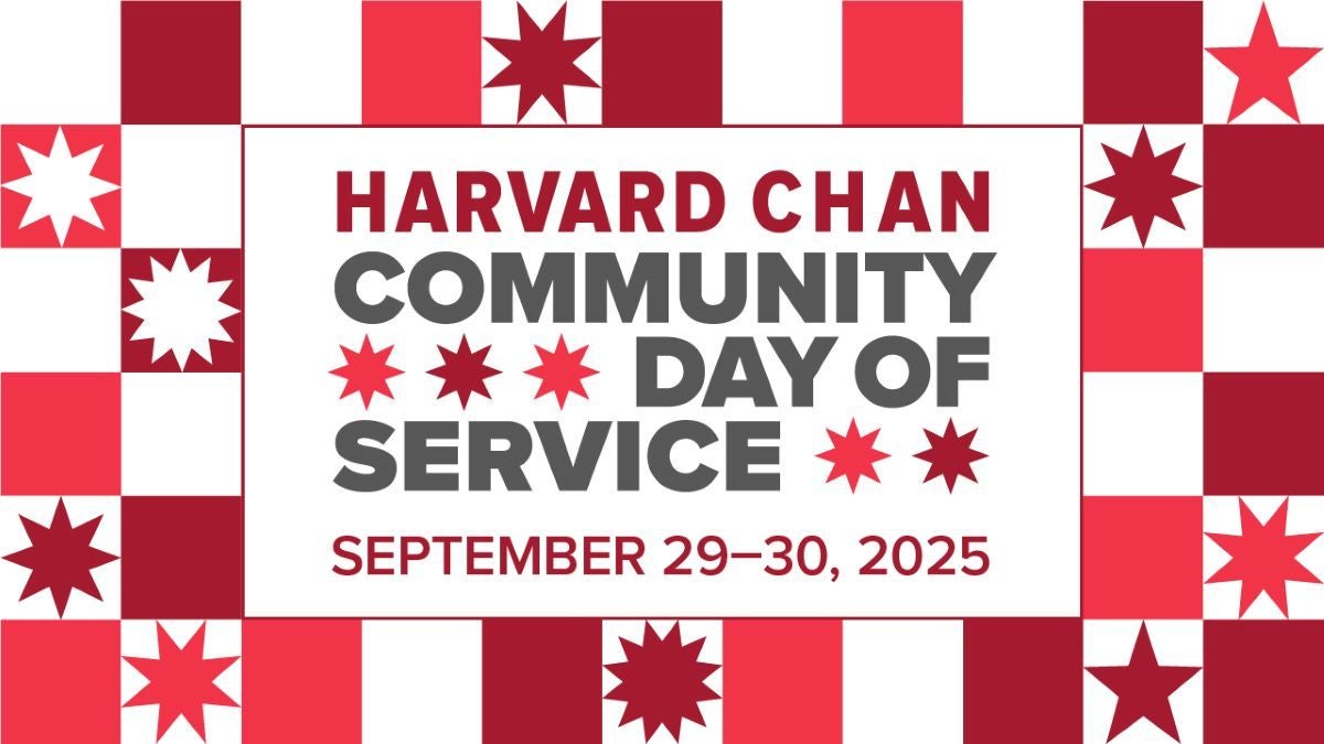 Harvard Chan Community Day of Service text in gray and red with red and white squares and stars alternating pattern