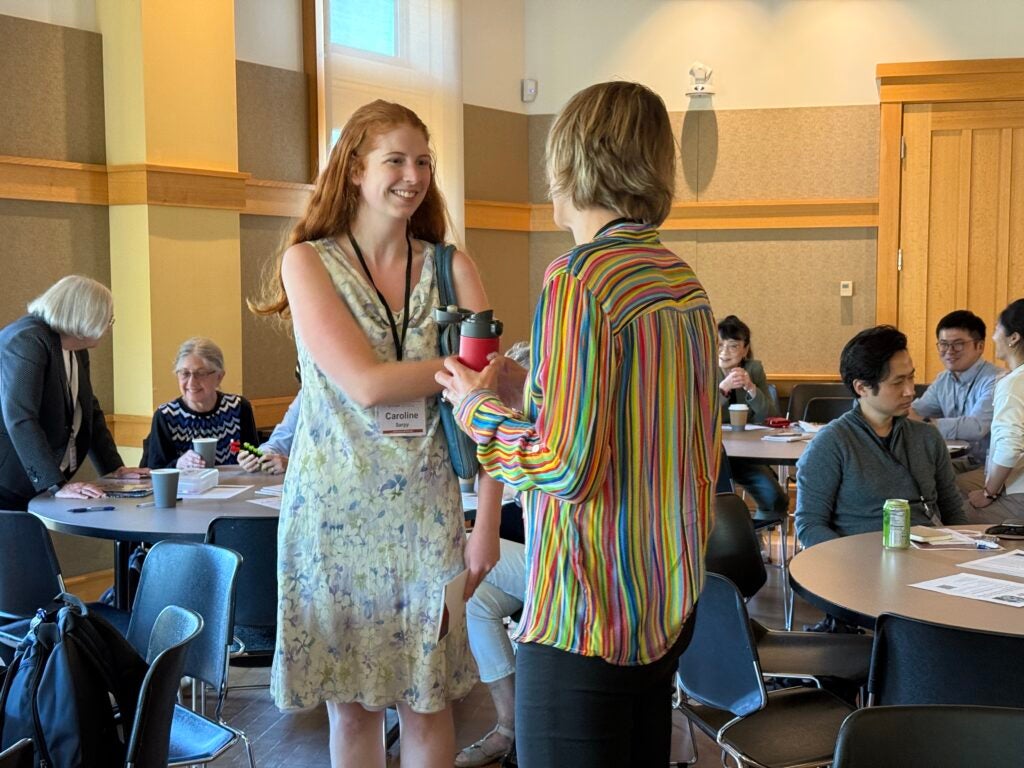 Boston Children's Hospital Clinical Research Assistant Caroline Sarpy speaks with Center Member Dr. Mary Rice.