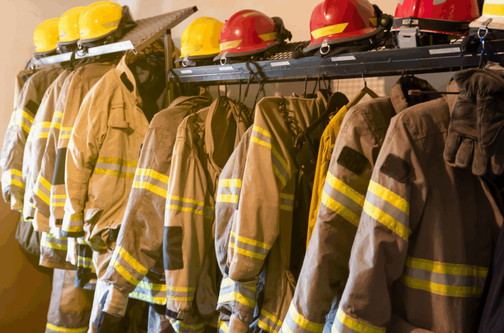 Firefighter jackets hung up with hard hats above, yellow and red