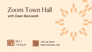 Zoom Town Hall with Dean Baccarelli text on beige background with sun element and event information