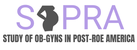 Icon for SOPRA study with text "study of ob-gyns in post-roe America" and pregnant women silhouette