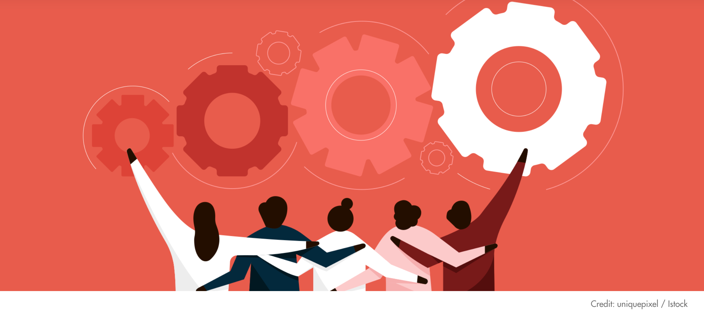 Cartoon graphic of different sized gears in the air and figures of 5 people facing the gears, arms linked, backs to the viewer