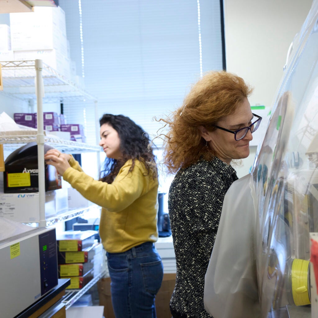 Two researchers  to back, one with her arms in a clean chamber. 