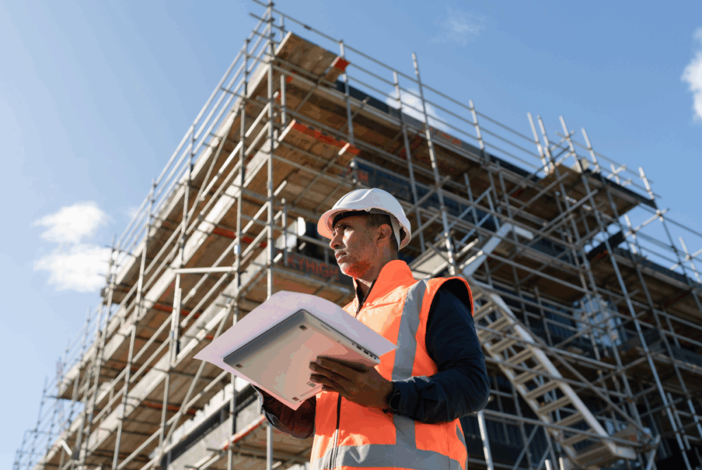 Construction workers in orange vest and white hard hat with paper in hand and a building with scaffolding behind