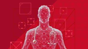 A digital illustration of a human figure made of interconnected white lines and dots, resembling a wireframe model, with a stethoscope around its neck. The background is red with geometric shapes and patterns, suggesting a blend of healthcare and technology themes.