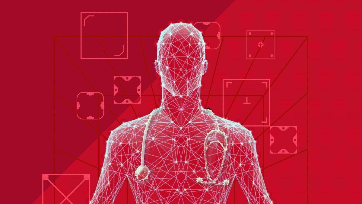 A digital illustration of a human figure made of interconnected white lines and dots, resembling a wireframe model, with a stethoscope around its neck. The background is red with geometric shapes and patterns, suggesting a blend of healthcare and technology themes.