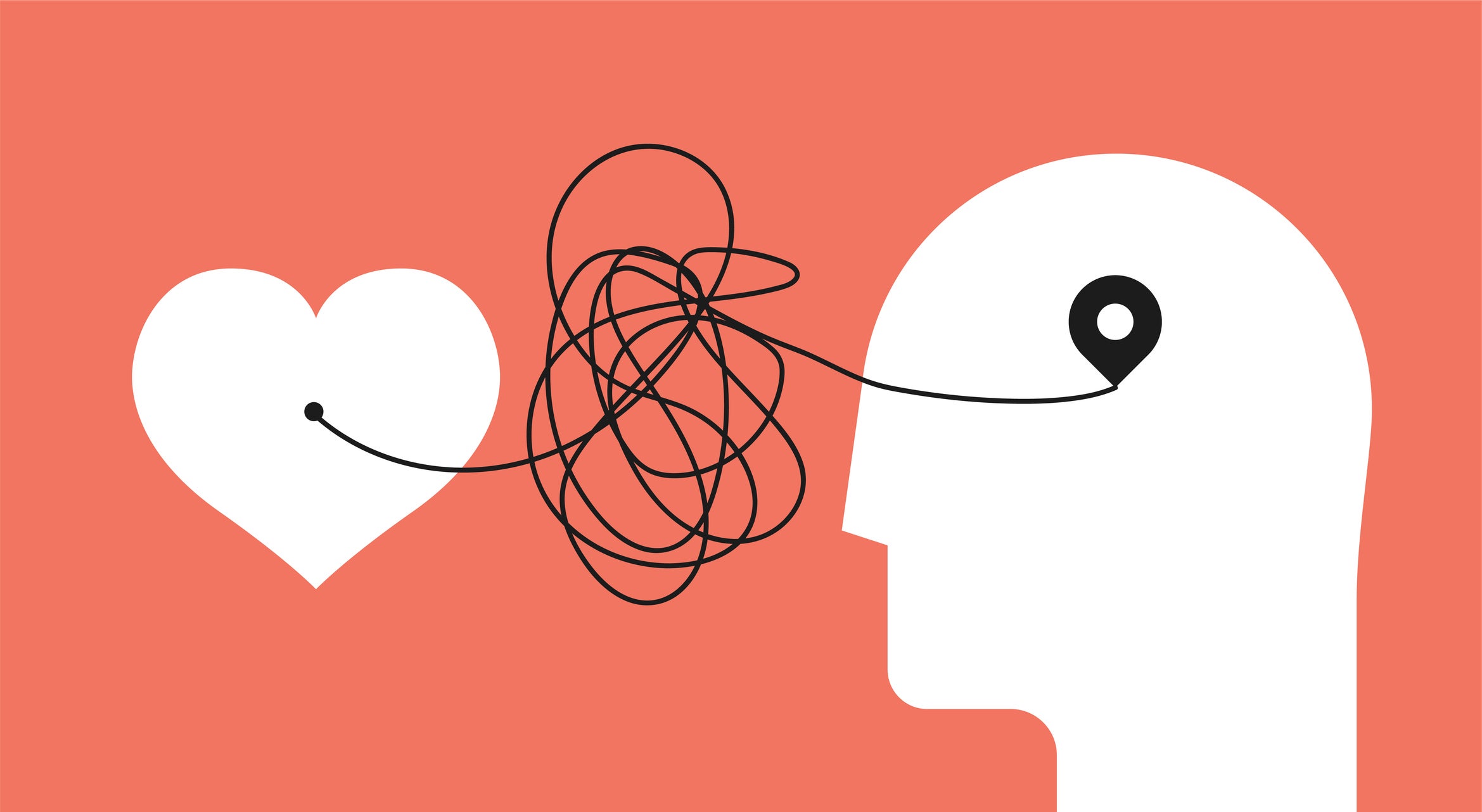 Illustration of a heart, a head, and a tangled string between them