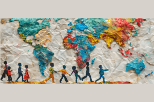 Graphic of colorful figures of children and world map in wrinkled paper texture.