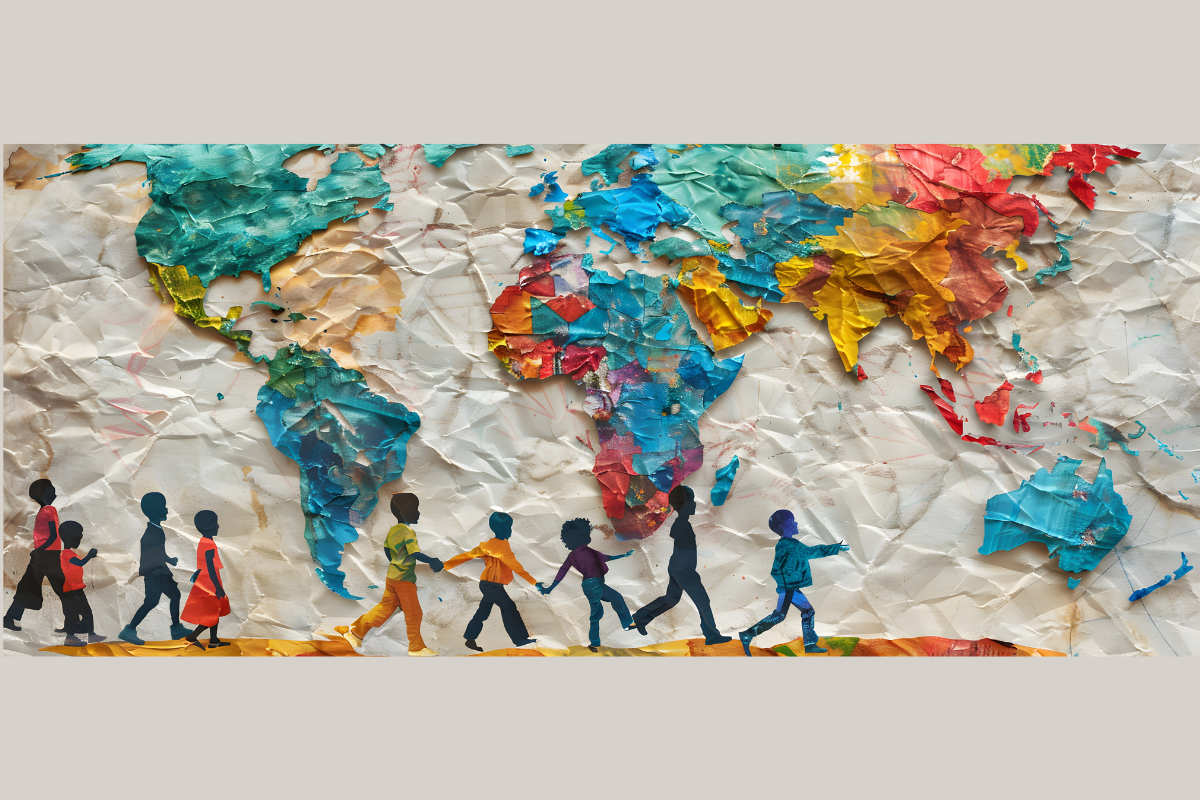 Graphic of colorful figures of children and world map in wrinkled paper texture.