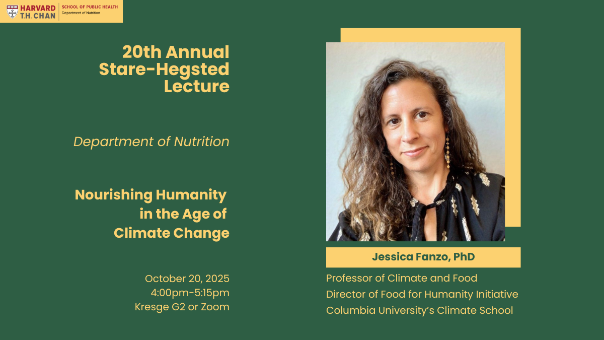 Event flyer with dark green background and headshot of Dr. Jessica Fanzo with event details in gold text