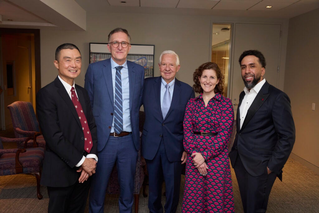 Dean Andrea Baccarelli with Alumni Award Honorees Anthony Chen, Michael Fiore, Morissa Henn, and Eugenio Fernandez.