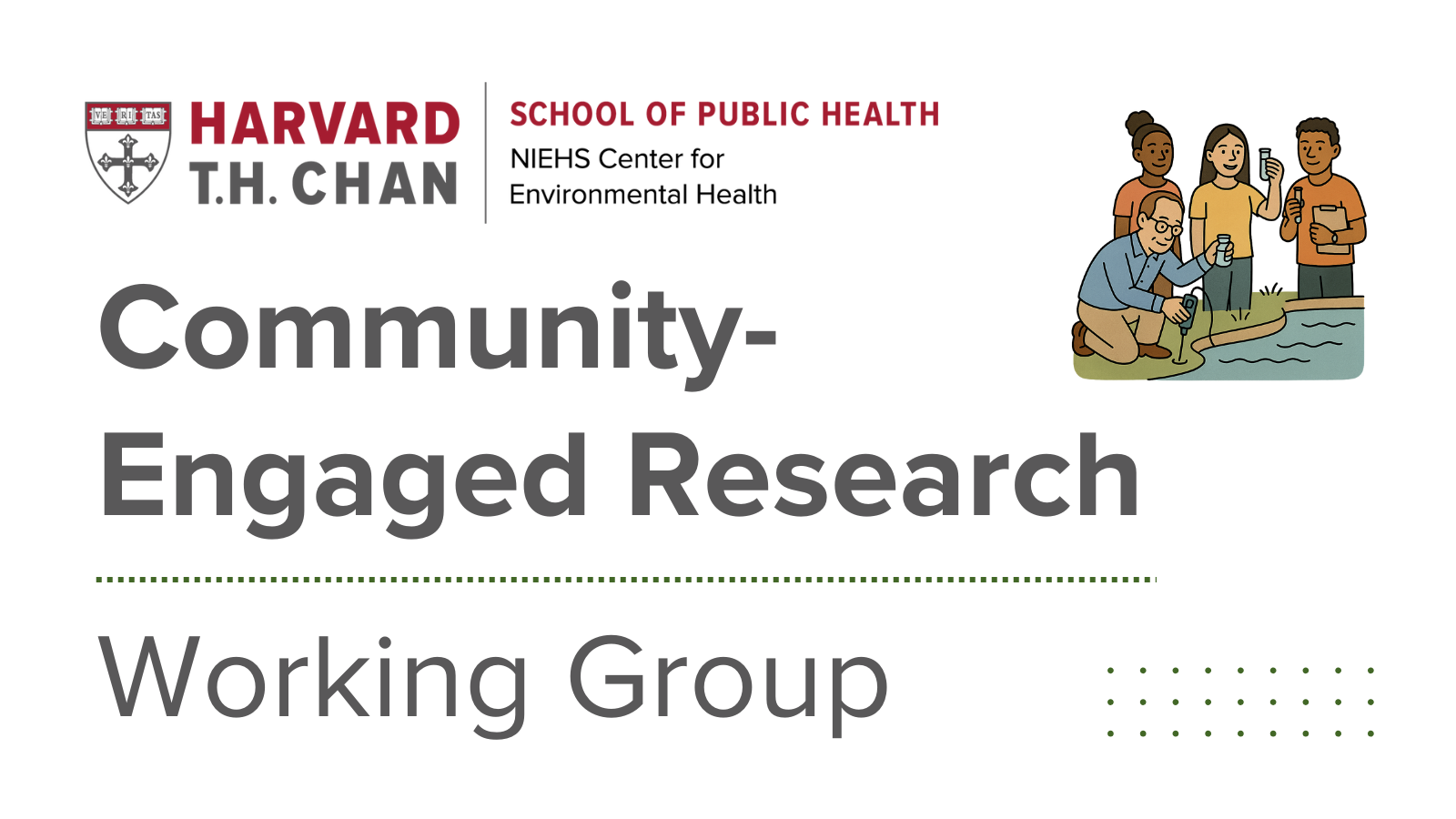Community-engaged research working group header with a graphic of four people testing water.