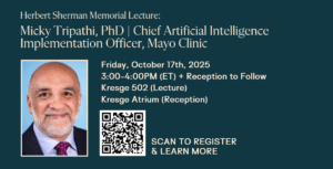 image of Micky Tripathi (headshot) and basic event details (found on webpage) and QR code to scan for registration.