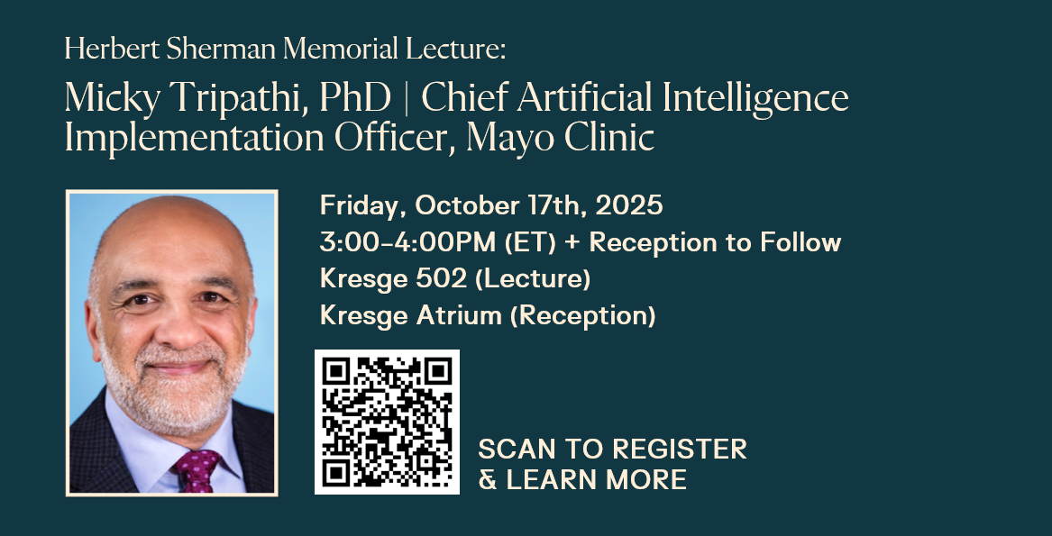 image of Micky Tripathi (headshot) and basic event details (found on webpage) and QR code to scan for registration.