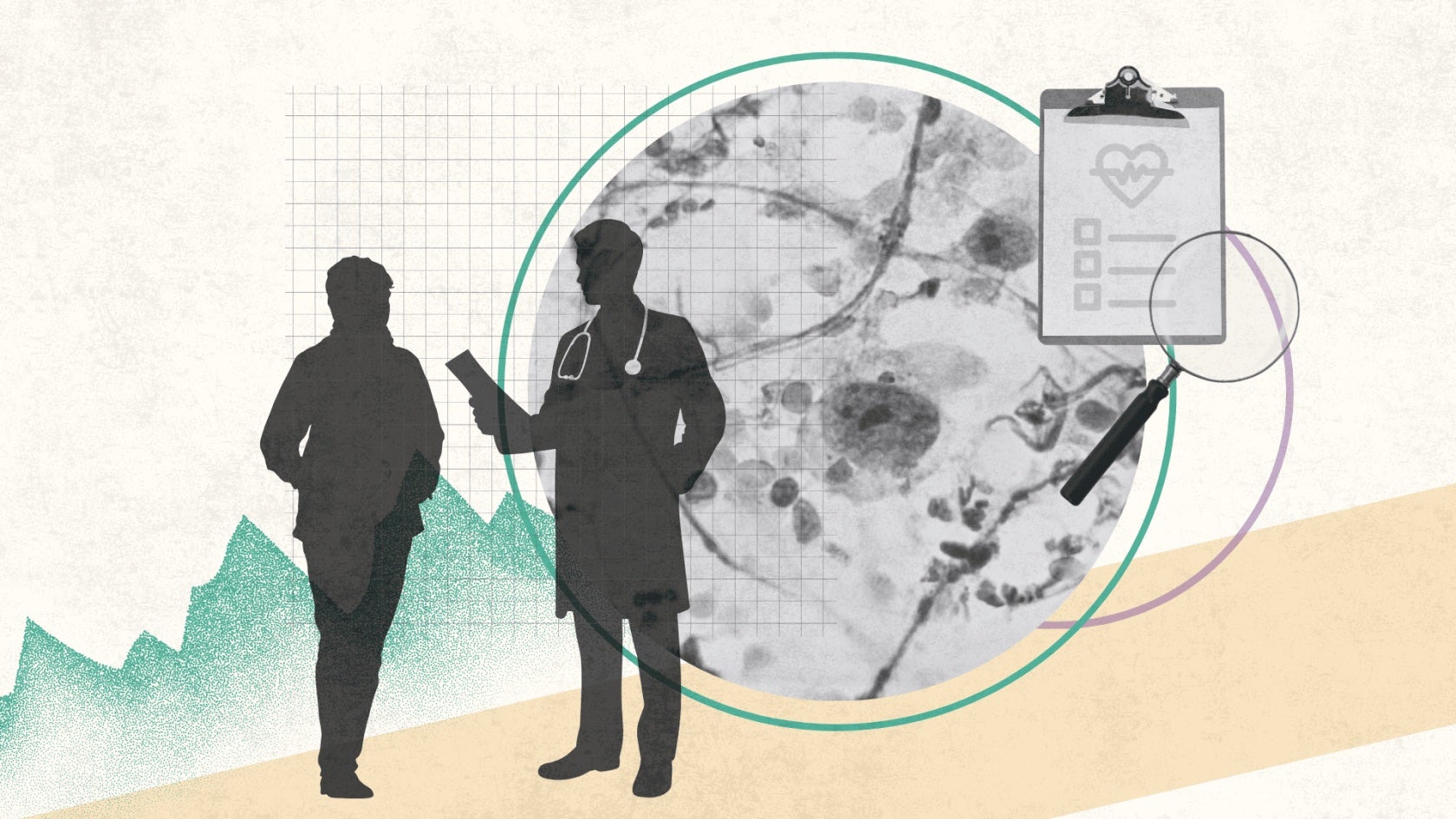 Illustration showing silhouette of doctor talking to patient, with large petri dish and medical chart in background