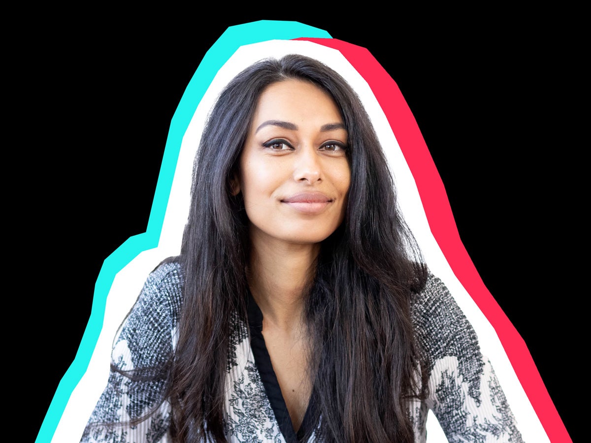 Sasha Hamdani headshot outlined in the style of TikTok: teal, pink and white offset outlines on a black background.