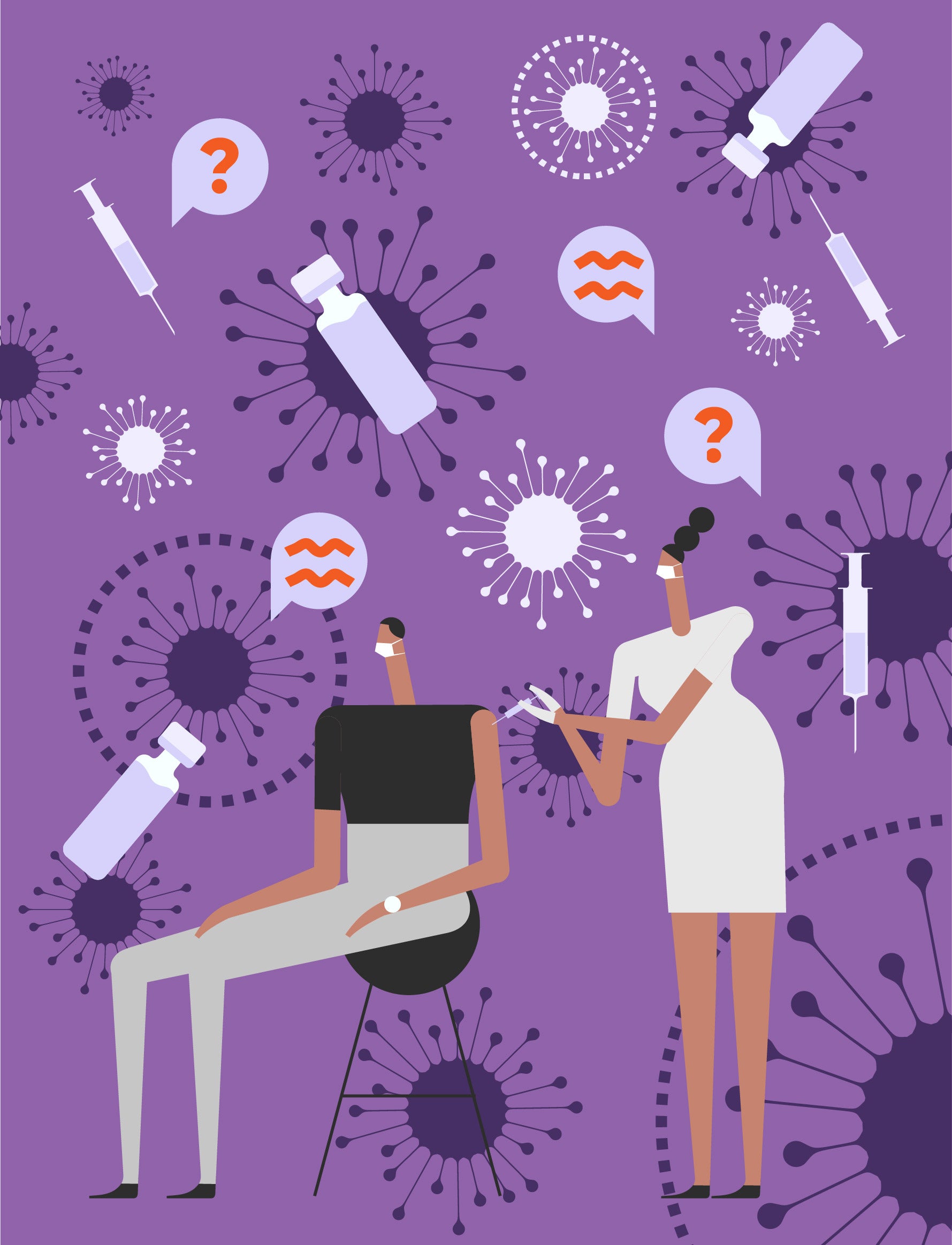 Illustration: A female healthcare worker inserts a shot into a seated male patient’s arm. The purple background has dark purple viruses and light purple vaccine bottles and syringes. Four speech bubbles, two with orange question marks, two with lines imply discussion.
