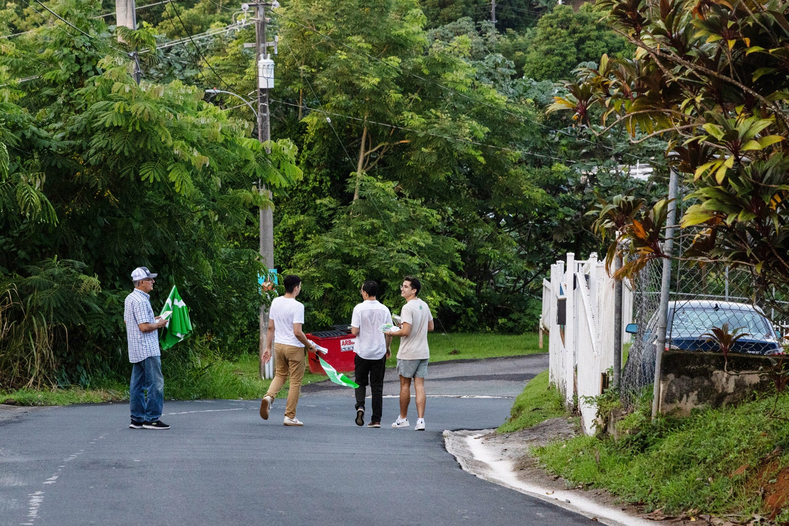 Four group of canvassers walk down a tropical street in Puerto Rico. They hold green and white flags and pamphlets