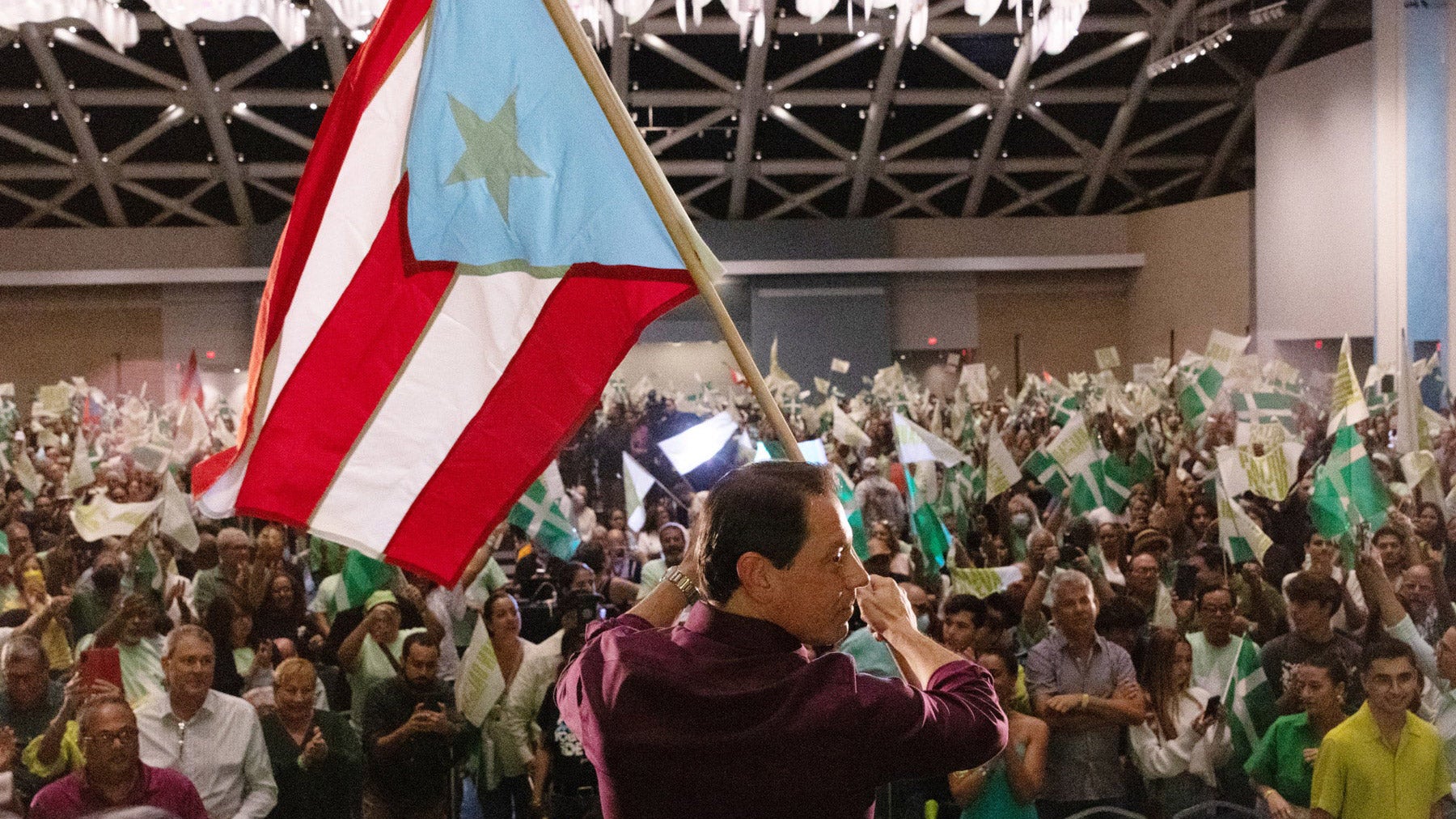 Politician Juan Dalmau, photographed from behind, waves a Puerto Rico flag in front of a large crowd of supporters at a convention.