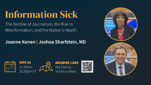 event flyer with dark teal background headshots of speakers and event QR code