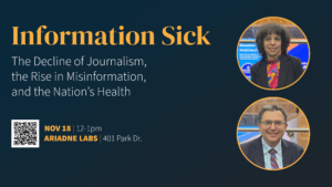 event information on dark navy flyer with gold lettering, headshots in circle frames of Joanne Kenen and Joshua Sharfstein