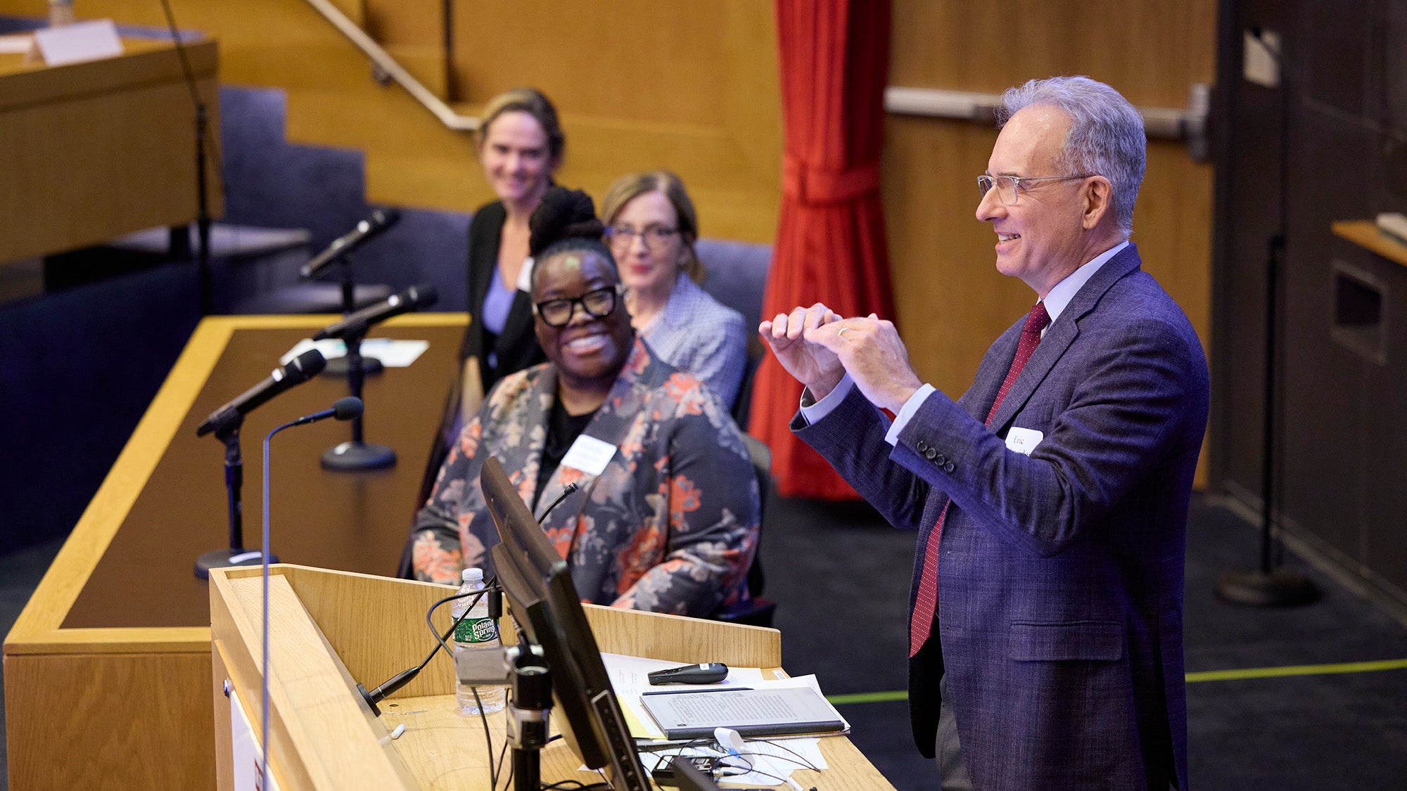 Panelists at "First, Do No Harm" symposium in memory of Lucian Leape. Foreground: Eric Schneider. Rear, from top: Michaela Kerrissey, Patricia Dykes, and patient advocate Michelle Anderson. Photo: Kent Dayton / Harvard Chan School