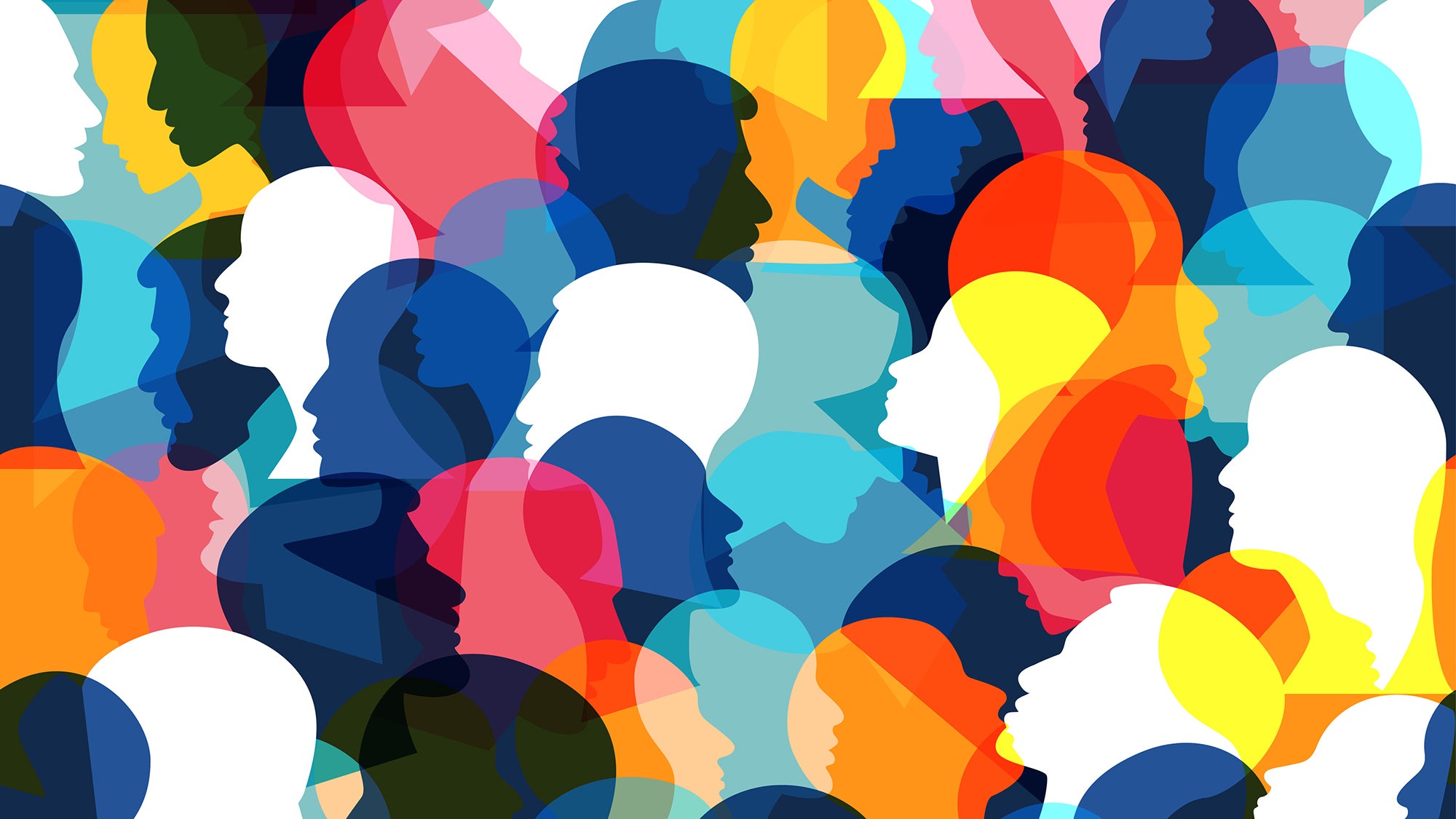 Colorful graphic showing many different people's heads in profile