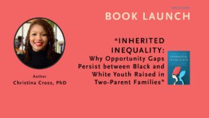 Head shot of speaker and name of her book "Inherited Inequality" on salmon colored background