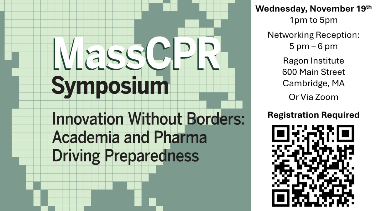 MassCPR Symposium Poster Nov. 19 at the Ragon Institute and via Zoom 1-5pm ET. on green background with QR code