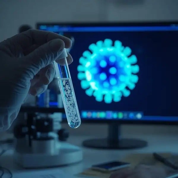 Hand in latex glove holding up a test tube full of bubbly liquid with backdrop of an image of a virus on a computer screen.