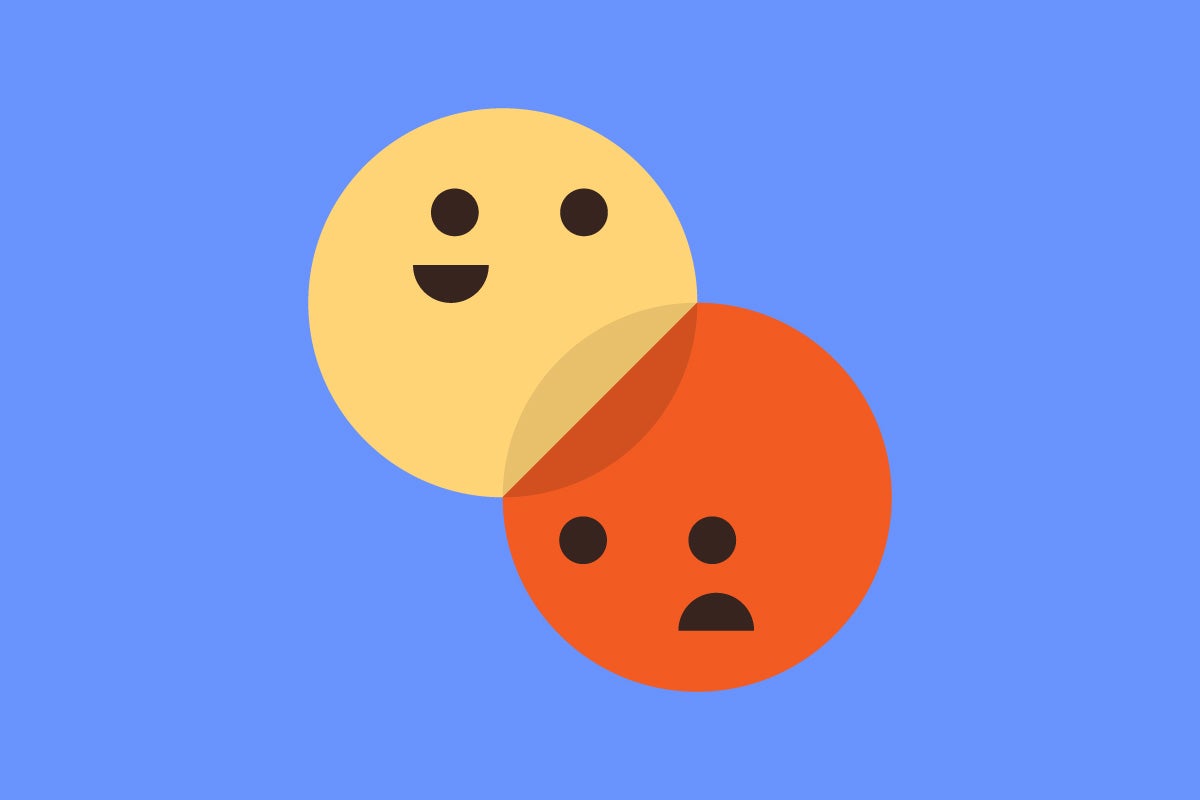 Yellow happiness and orange anger emoticons on a blue background.