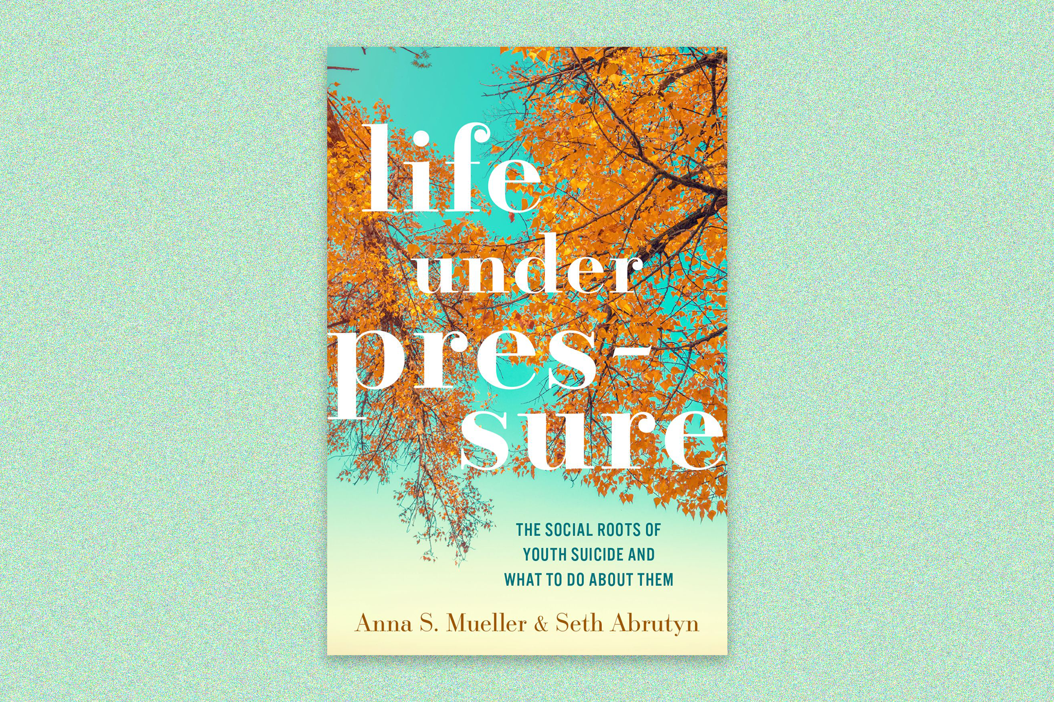 Book cover for “Life under pressure: The social roots of youth suicide and what to do about them” by Anna S. Mueller and Seth Arbrutyn; White text on an image of golden tree leaves, looking up. The cover is on a light green speckled background.