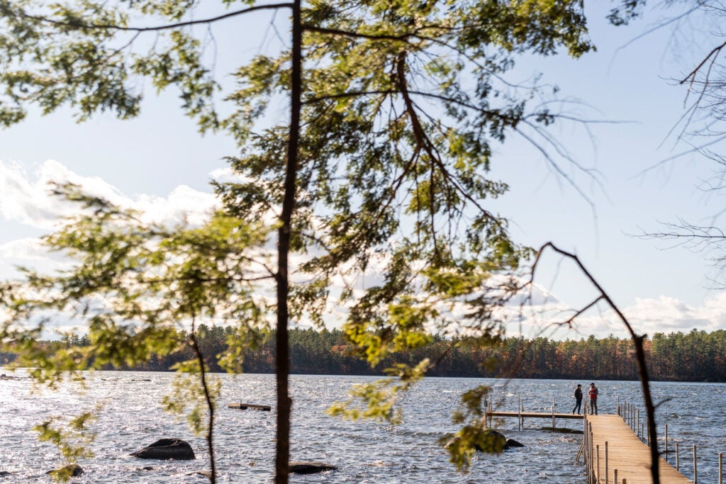 Two men stand on a deck on a lake on a sunny fall day. An out-of-focus tree is in the foreground.
