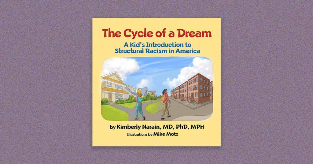 Book cover for “The cycle of a dream: a kid’s introduction to structural racism in America” by Kimberly Marian, MD, PhD, MPH. Illustrations by Mike Motz. The book cover is a light yellow and has an illustration of two school-aged girls, one white and one black, walking towards their very different homes. The cover is on a lilac speckled background.