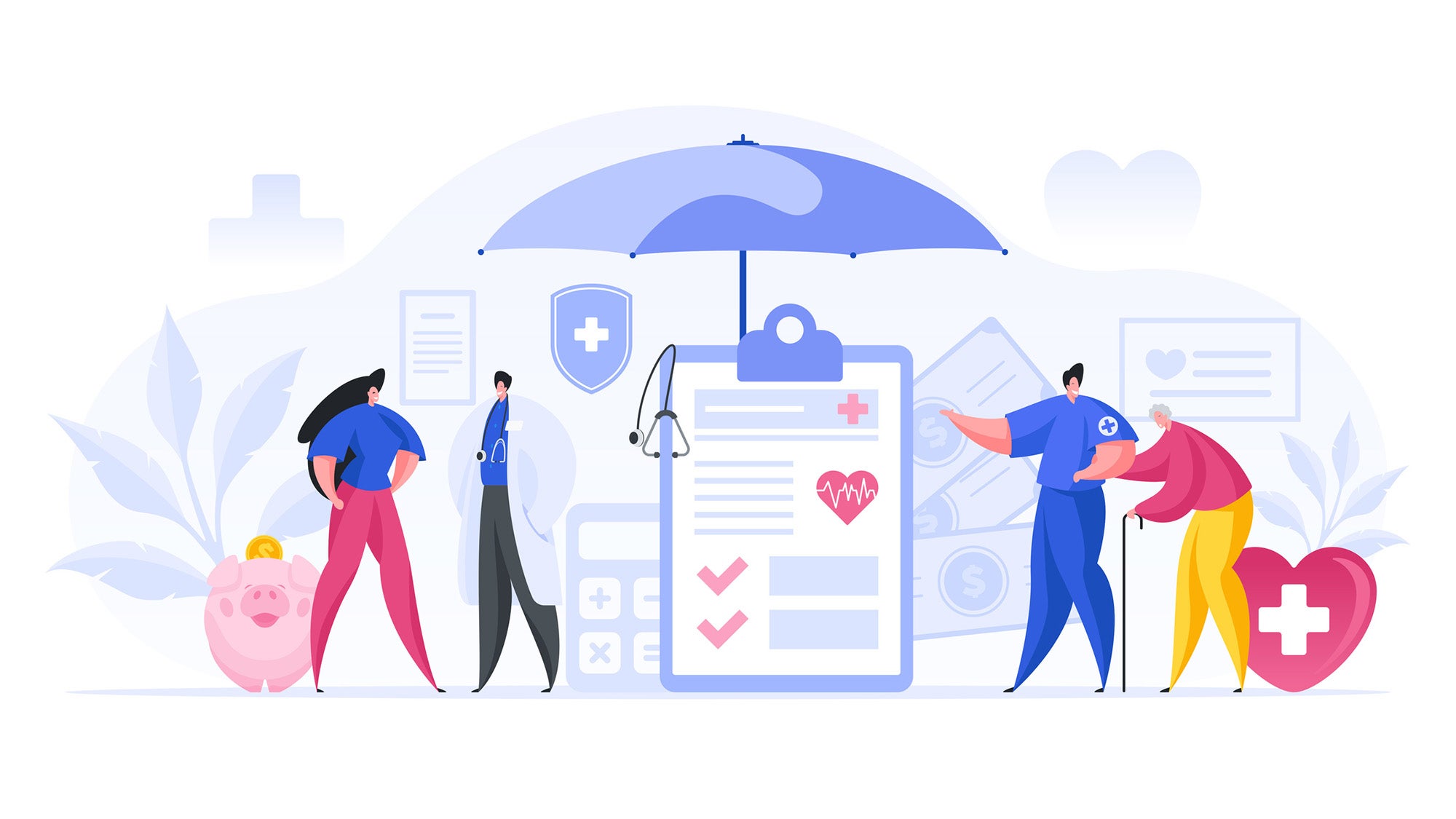 Colorful vector illustration of male doctor and nurse offering health insurance to female and elderly patients during work in clinic
