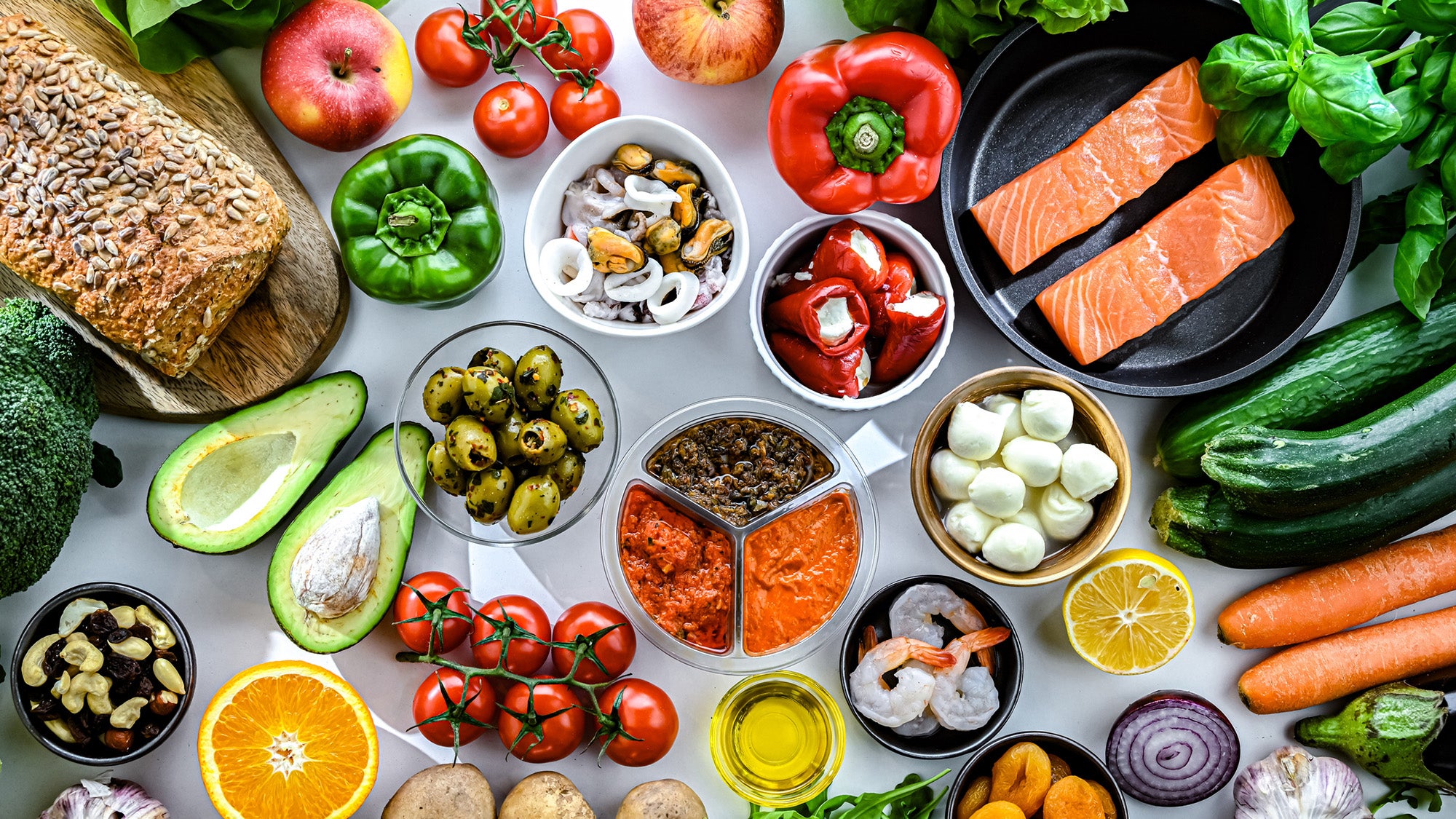 An assortment of foods that can be part of the Mediterranean Diet.
