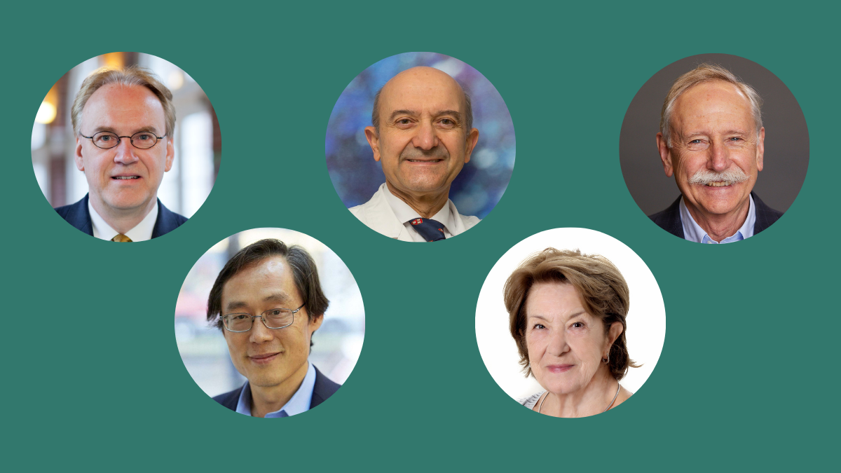 Teal visual with headshots of speakers