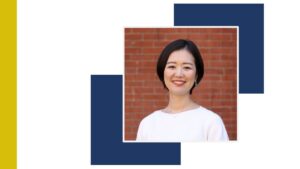 Headshot of Kayoko Shioda on white background with blue squares