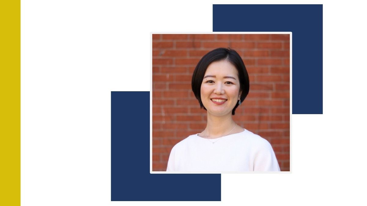 Headshot of Kayoko Shioda on white background with blue squares