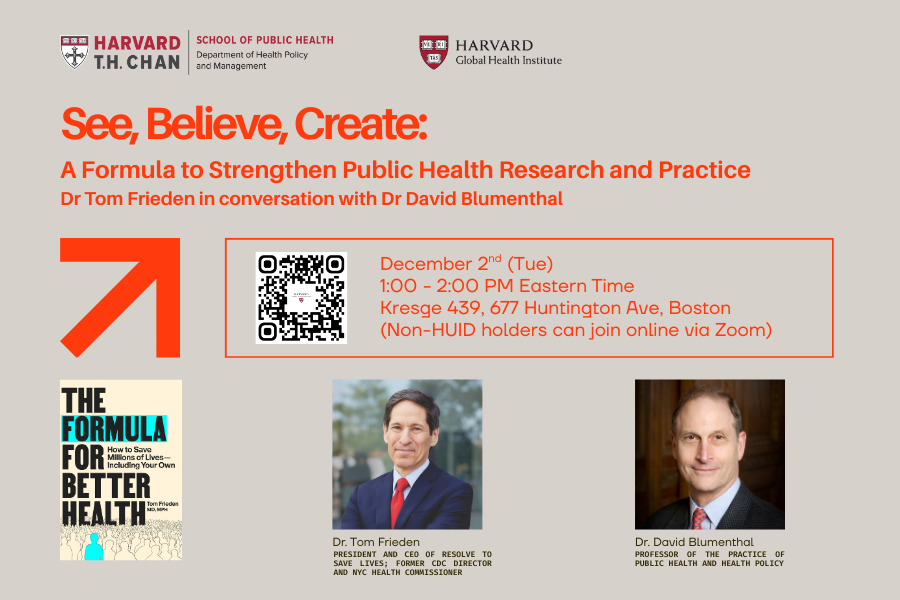 descriptive flyer listing the title of the event, QR code to scan details and register, a headshot of the two speakers, and an image of a book cover for "The Formula For Better Health" by Tom Frieden.